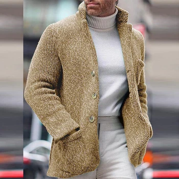 2023 Осенне-зимняя мужская куртка в стиле ретро, вязаный кардиган с воротником-стойкой, свитер, повседневное однотонное пальто на пуговицах с длинным рукавом, мужская куртка