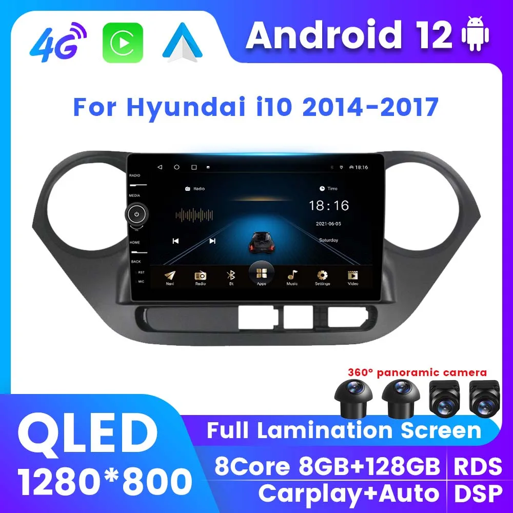 QLED Android 12 Автомобильный Радиоприемник GPS С Экраном Для Hyundai i10 2014 2015 2016 2017 Автонавигационный Плеер Беспроводной Carplay DSP 2Din - 0