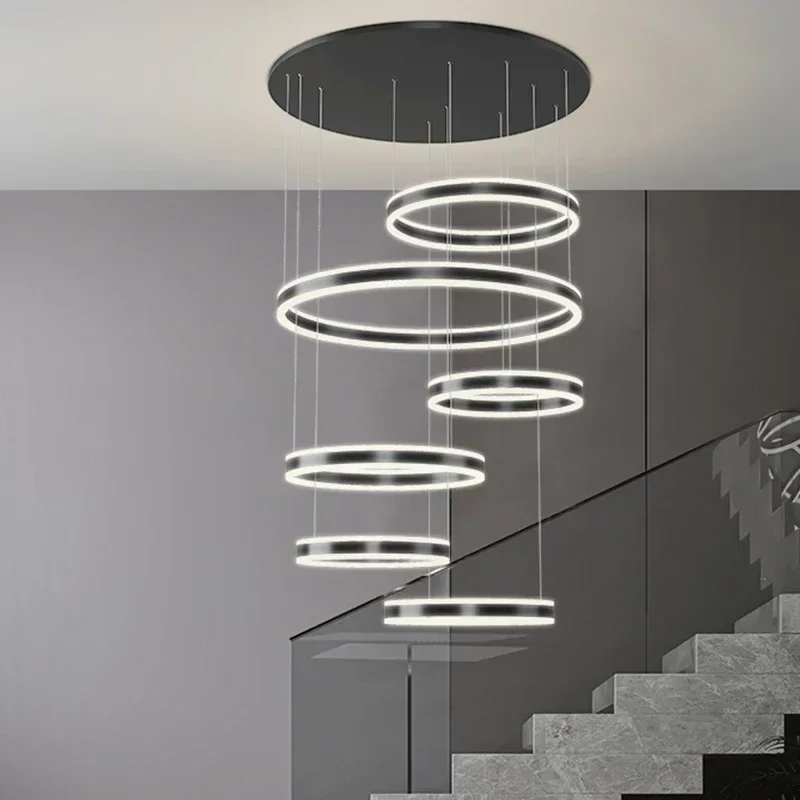 Алюминиевые акриловые светодиодные подвесные светильники Nordic Circles, Современный умный подвесной светильник с регулируемой яркостью, люстры для гостиной, лестницы, светильники - 1
