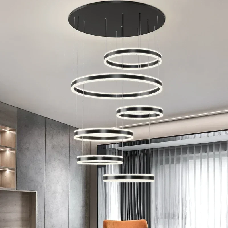 Алюминиевые акриловые светодиодные подвесные светильники Nordic Circles, Современный умный подвесной светильник с регулируемой яркостью, люстры для гостиной, лестницы, светильники - 2
