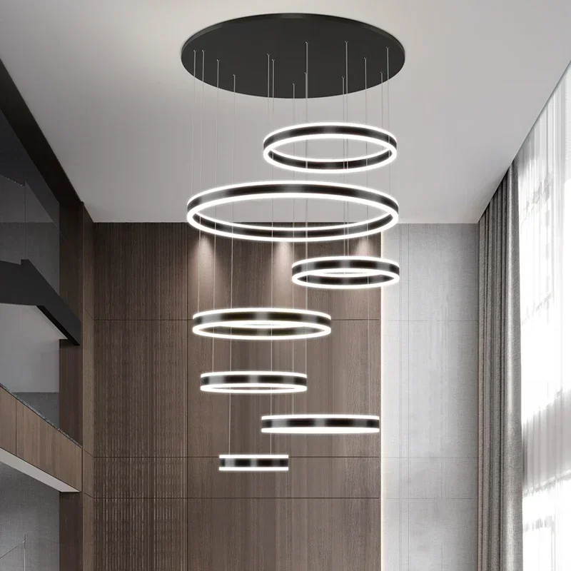 Алюминиевые акриловые светодиодные подвесные светильники Nordic Circles, Современный умный подвесной светильник с регулируемой яркостью, люстры для гостиной, лестницы, светильники - 3