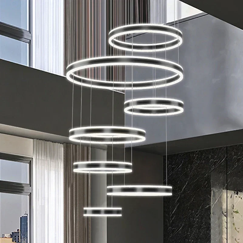 Алюминиевые акриловые светодиодные подвесные светильники Nordic Circles, Современный умный подвесной светильник с регулируемой яркостью, люстры для гостиной, лестницы, светильники - 4