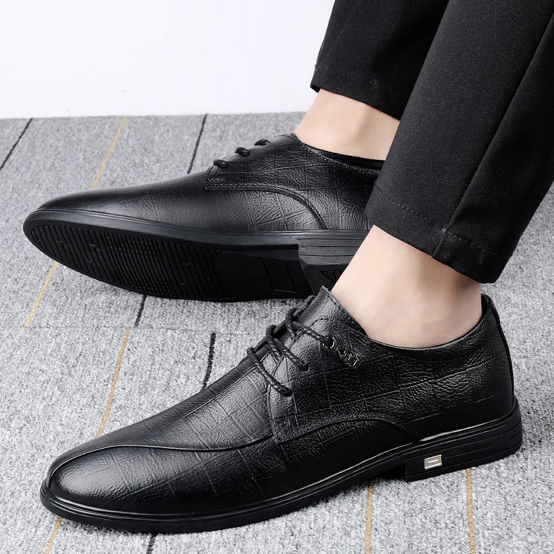 Дизайнерская брендовая черная кожаная обувь для мужчин, ср. Обувь под платье, Повседневные деловые оксфорды на шнуровке, Офисная официальная обувь с острым носком для мужчин - 4