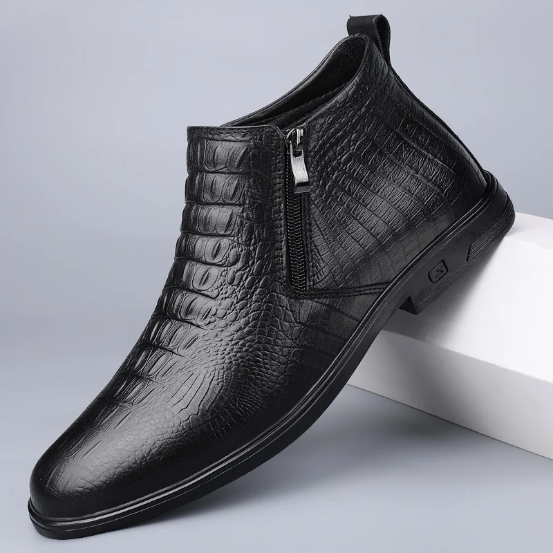 Зимние Короткие Плюшевые ботинки Челси из итальянской кожи с крокодиловым узором, Модельные туфли, повседневные деловые ботильоны, дизайнерские - 0