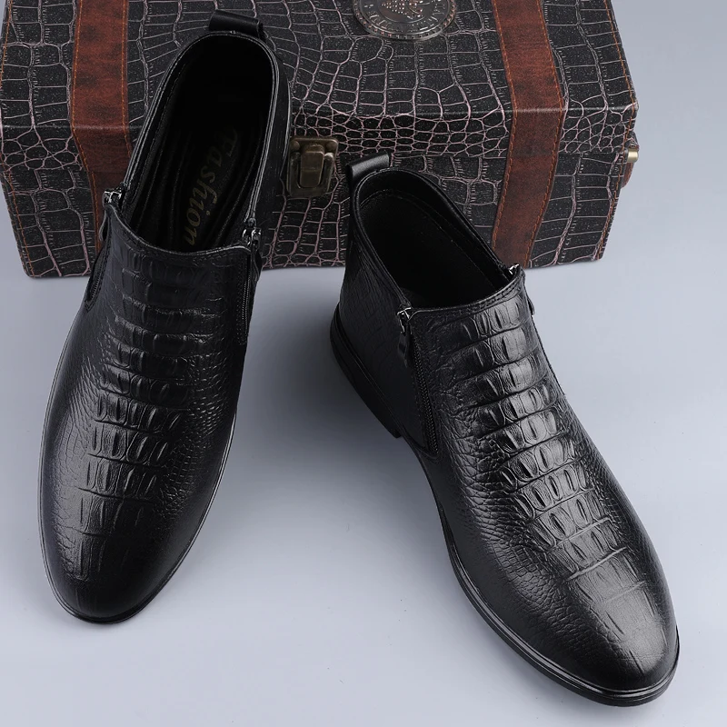 Зимние Короткие Плюшевые ботинки Челси из итальянской кожи с крокодиловым узором, Модельные туфли, повседневные деловые ботильоны, дизайнерские - 1