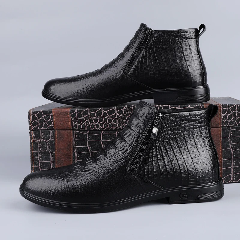 Зимние Короткие Плюшевые ботинки Челси из итальянской кожи с крокодиловым узором, Модельные туфли, повседневные деловые ботильоны, дизайнерские - 2