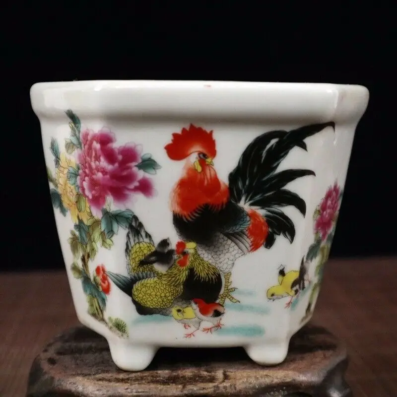 Китайский старый фарфор Пастельные рисунки петуха фарфоровый цветочный горшок - 0