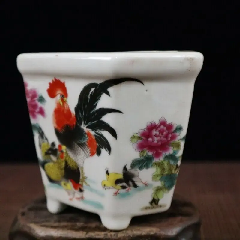 Китайский старый фарфор Пастельные рисунки петуха фарфоровый цветочный горшок - 1