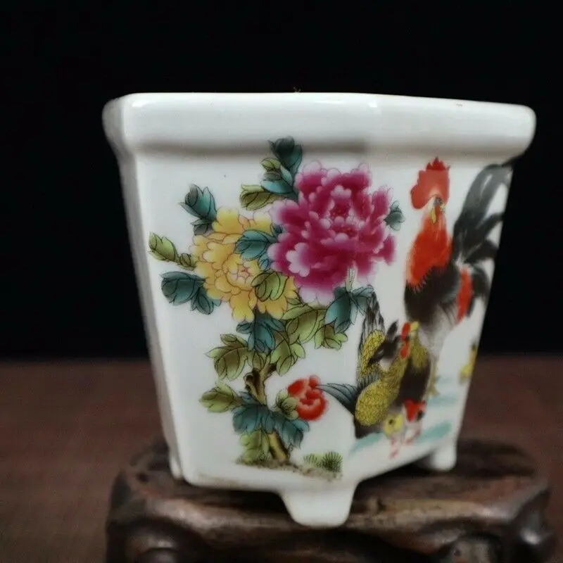 Китайский старый фарфор Пастельные рисунки петуха фарфоровый цветочный горшок - 2