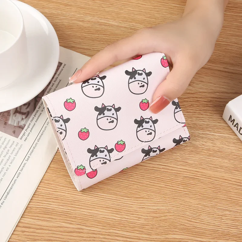 Новый Студенческий Портативный Короткий карманный кошелек с несколькими картами, Милый Мини-зажим для денег, Трехкратная сумка для коровьих карт для девочек - 0