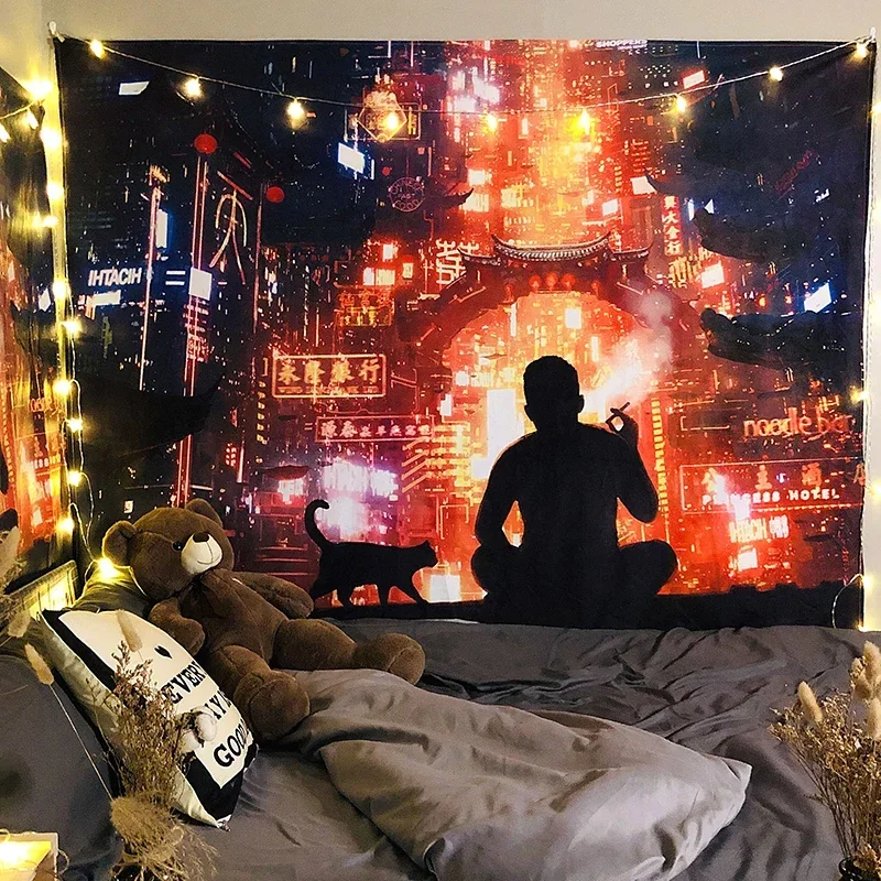 Ночная жизнь Токио Гобелен Японская настенная живопись спальня Домашний ковер в стиле бохо Фон в стиле хиппи украшение стен Тапиз - 0