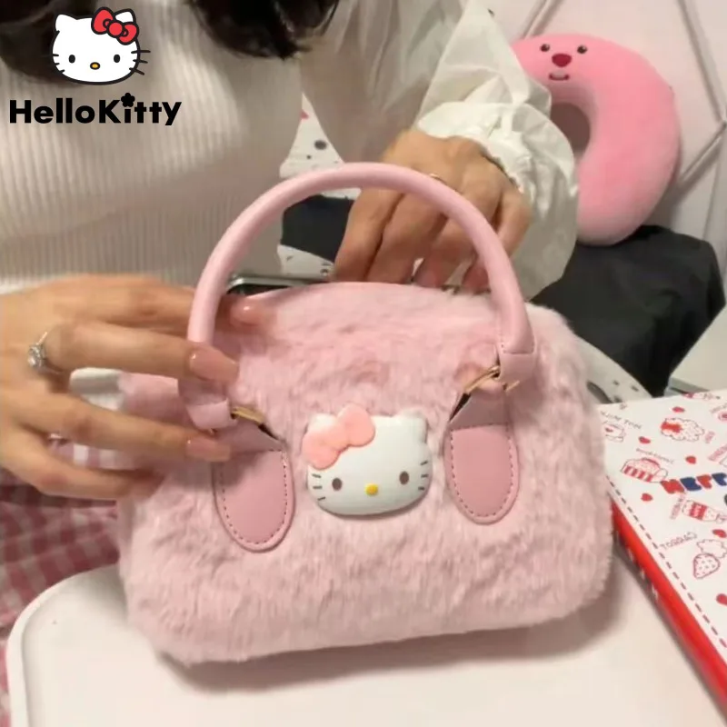 Плюшевая сумка Kawaii Sanrio Hello Kitty, женская сумка Y2k с милыми мультяшными девушками, модная Новая сумка через плечо, Универсальная сумка-тоут - 0