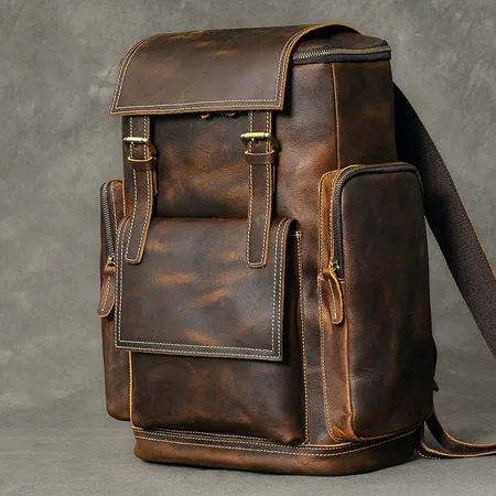 Ретро Кожаный мужской рюкзак Crazy Horse, мужская сумка для компьютера, 15,6-дюймовые сумки для ноутбуков, дорожные рюкзаки из натуральной кожи Большой емкости - 0