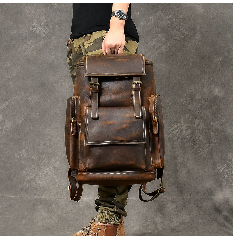 Ретро Кожаный мужской рюкзак Crazy Horse, мужская сумка для компьютера, 15,6-дюймовые сумки для ноутбуков, дорожные рюкзаки из натуральной кожи Большой емкости - 2