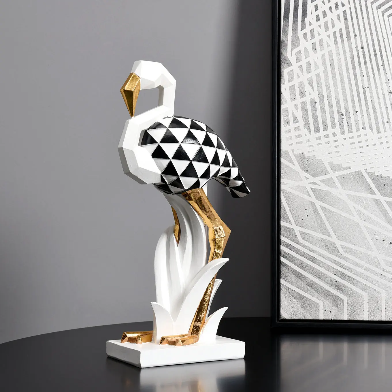 Роскошный аксессуар для гостиной из 3D смолы, Фламинго, Золотая геометрия, Статуя животного, украшения для дома, отеля, офиса - 4