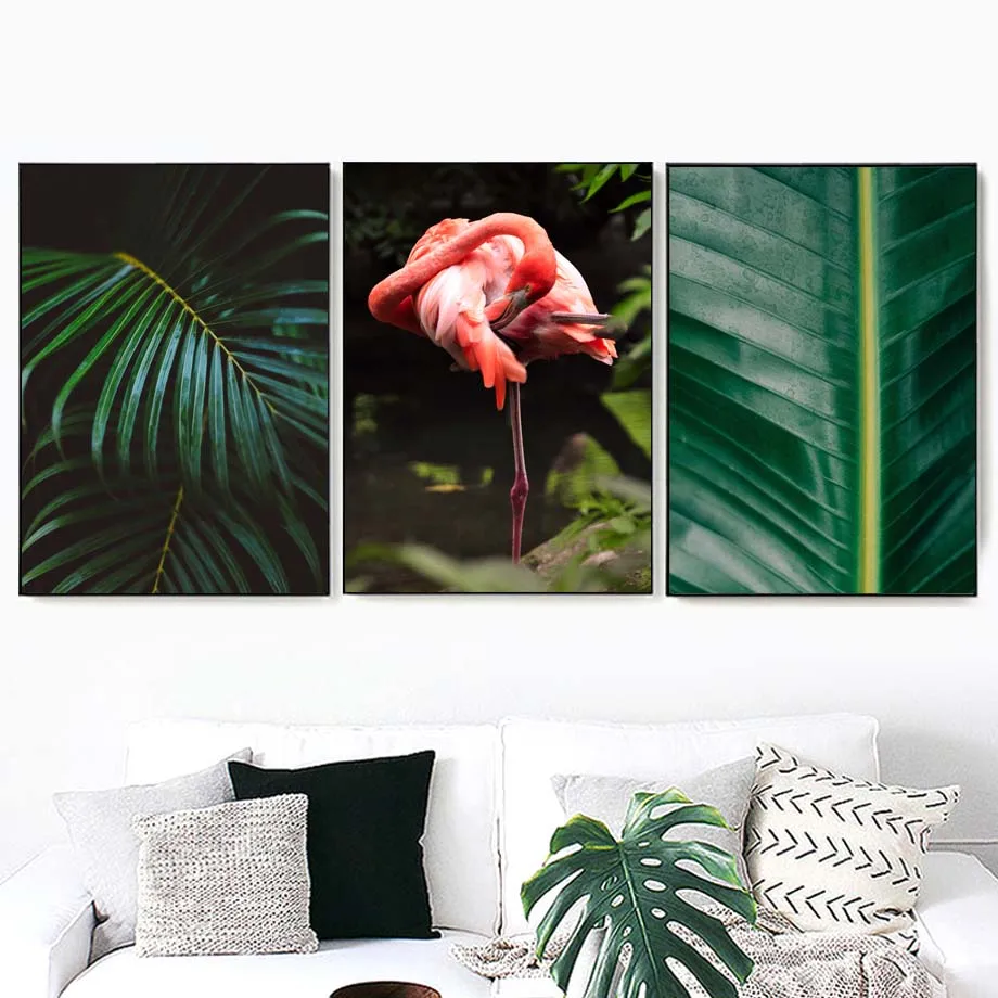 Свежее растение, Пальмовый лист, птица, Настенное искусство, холст, живопись, Зеленое искусство, плакаты на скандинавскую тематику и принты, настенная живопись для гостиной - 0