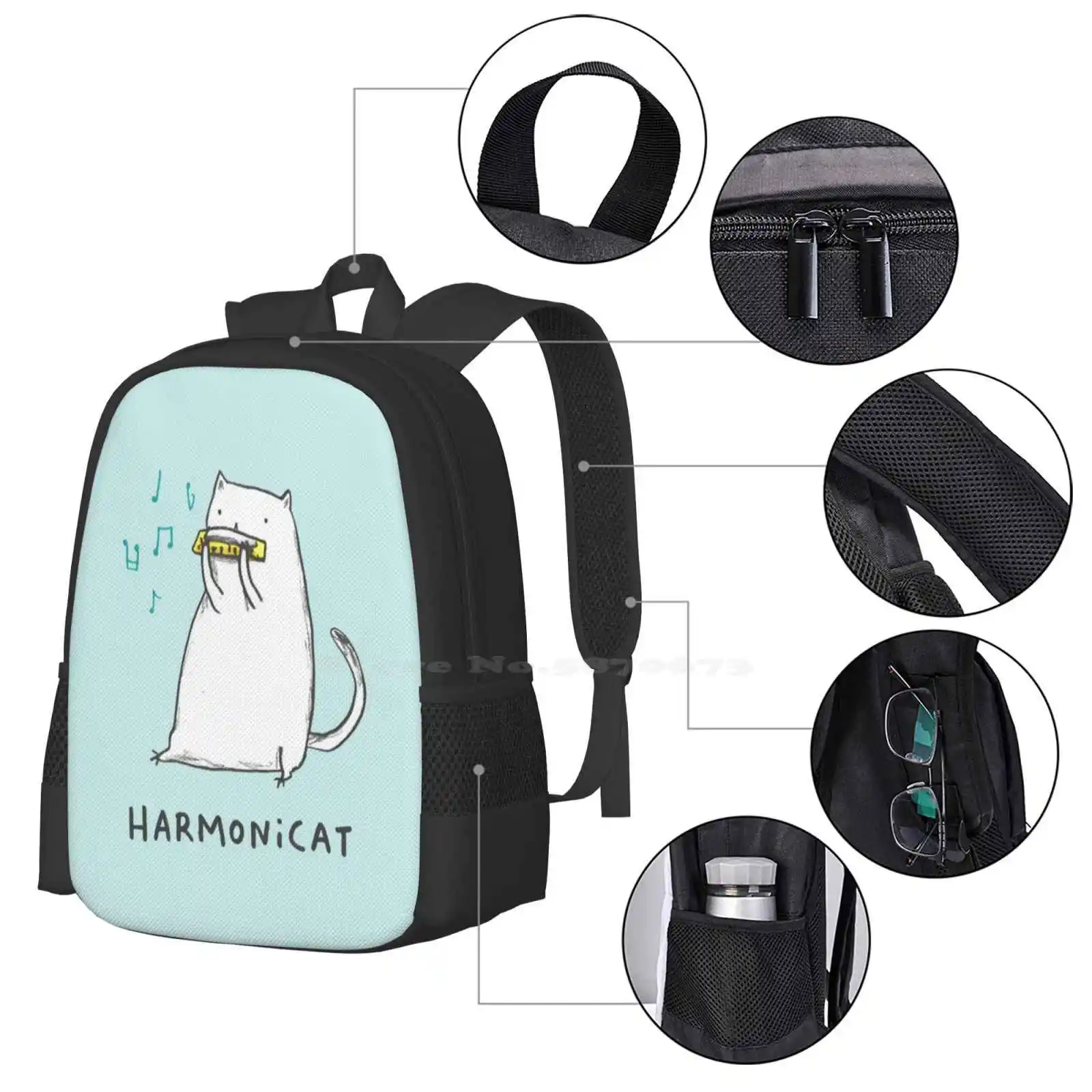 Школьные сумки Harmonicat, Дорожный рюкзак для ноутбука, Музыкальная нота Harmonicat, Забавный Иллюстрированный котенок, Белый Котенок - 3