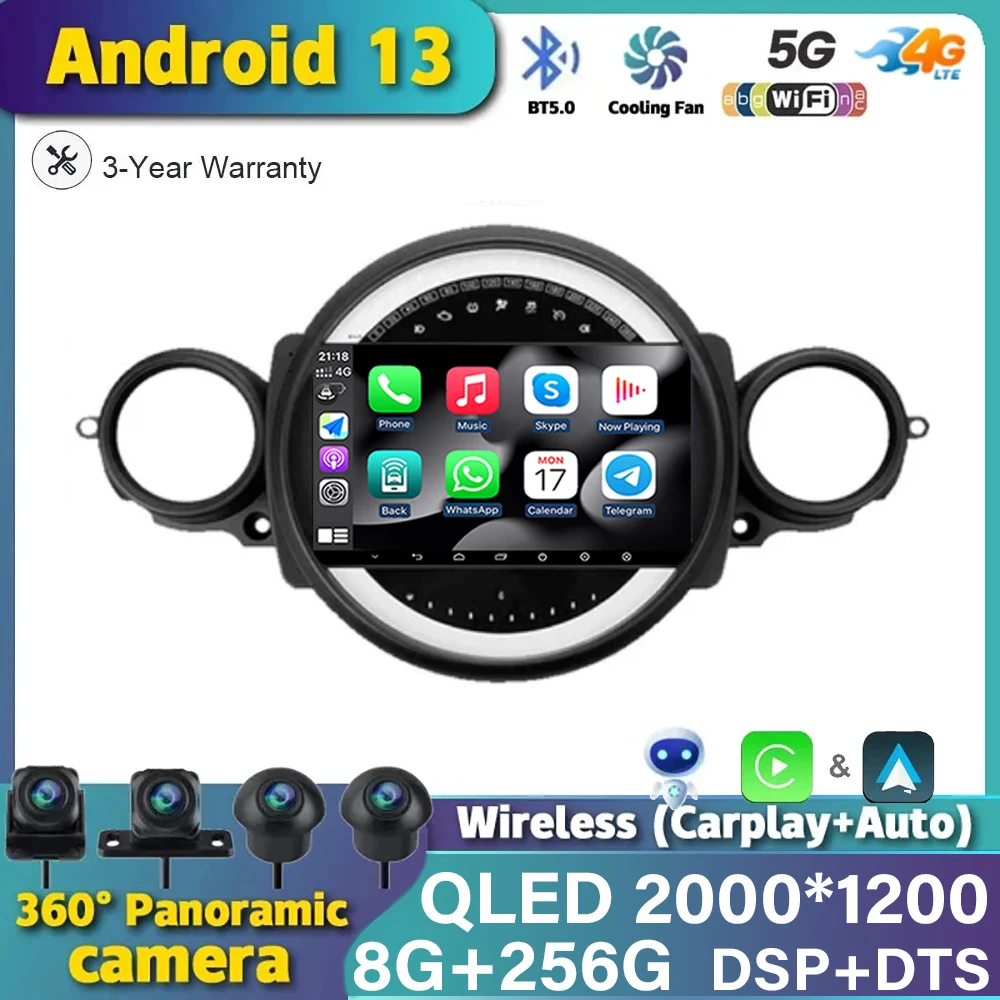 Android 13 для BMW Mini Cooper R56 R60 R51 2006-2014 Автомобильный мультимедийный плеер Автоматическая навигация стереоголовка WIFI Беспроводной Carplay - 0